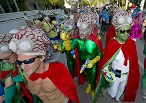 Masquerade March is a zany walking parade that begins at the local cemetery.